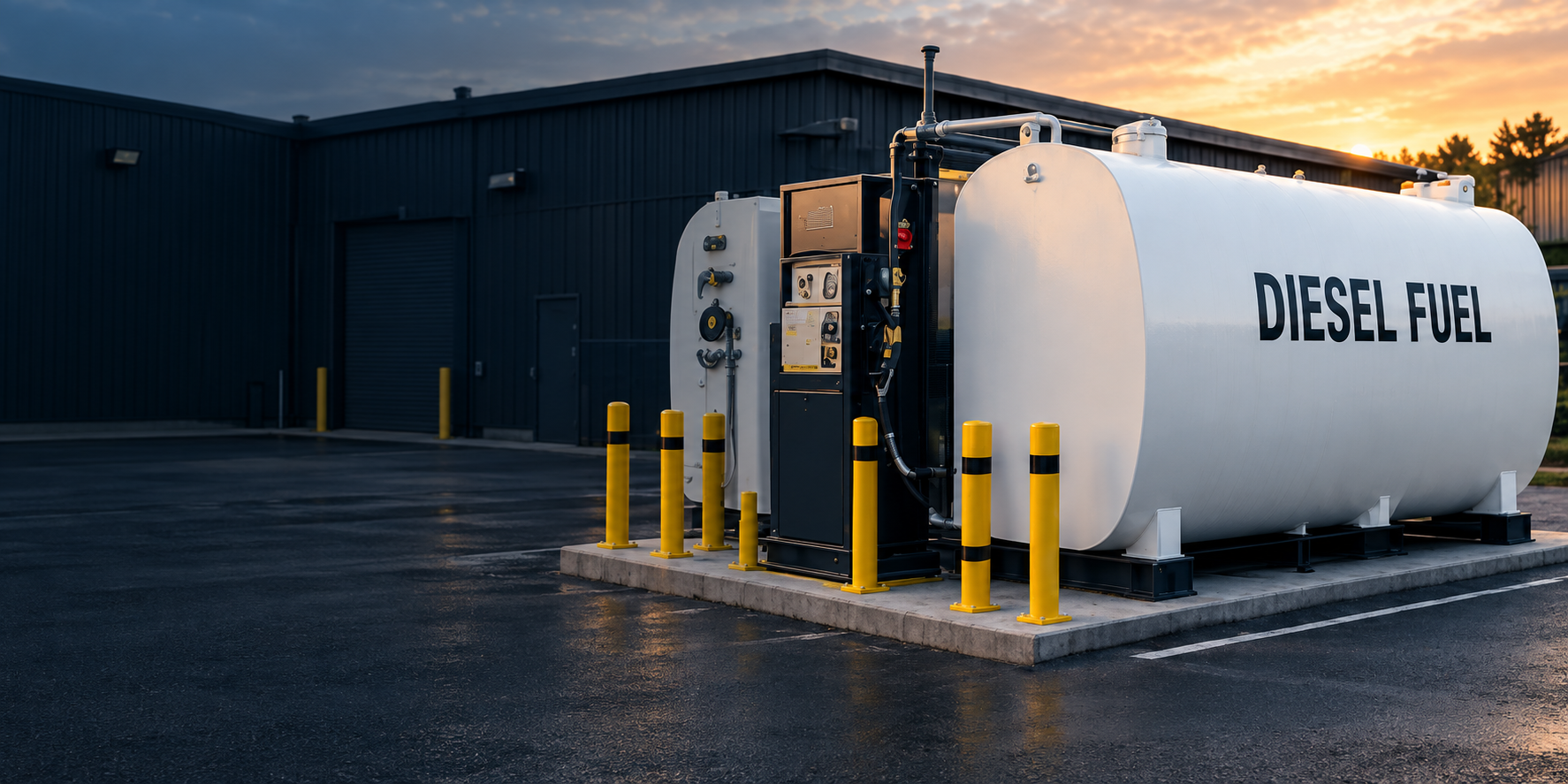Concept image of a commercial diesel tank beside an industrial building