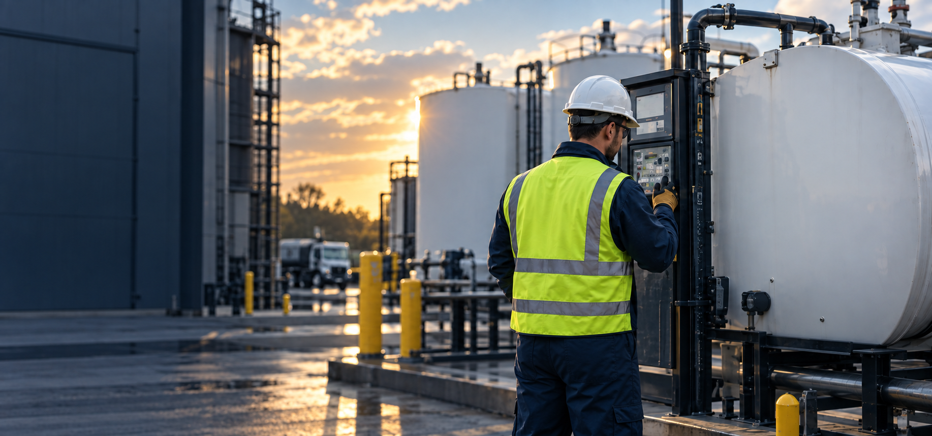 Illustrative industrial diesel tank scene with a worker at a control panel